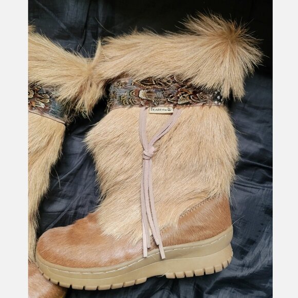 BearPaw KOLA Apres Ski Boots Sz 7 Real Fur Sheepskin Calf Goat Skin Wool Tan - Picture 3 of 16